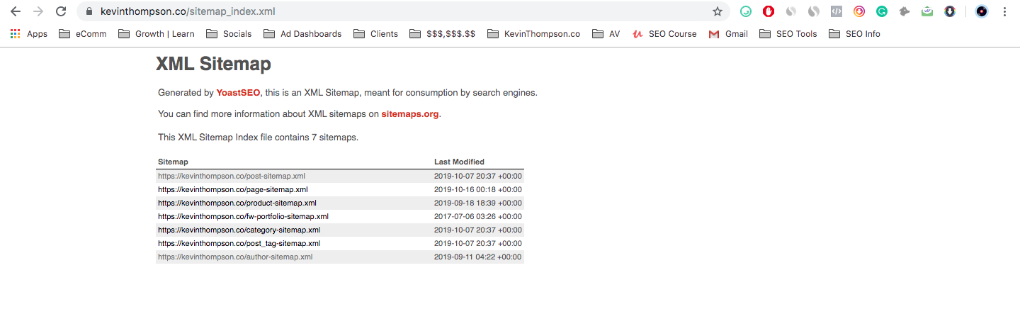 Results of my search for KevinThompson.co/Sitemap.xml to determine if I had one, as well as what it's contents are
